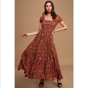 NEW FREE PEOPLE THE GETAWAY SMOCKED TIERED MAXI DRESS RED COMBO